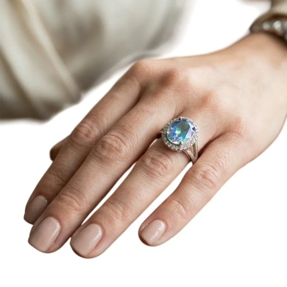 Silver Tone Aurora Borealis Crystal Halo Cocktail Ring Oval Iridescent Size‎ 7